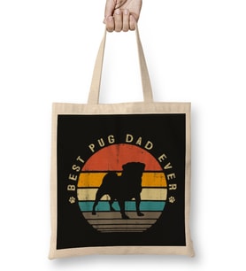 Mens Best Pug Dad Ever Funny Pug Dog Vintage Gifts Köpek Bez Çanta Uzun Saplı