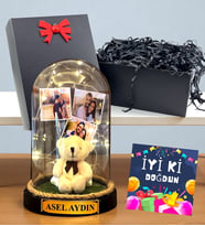 Kişiye Özel 3 Fotoğraflı Yazılı Led Işıklı Fanus - Doğum Günü Hediyesi İyi Ki Doğdun (Model 1)