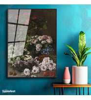 Siyah Renk Metal Çerçeveli Tamperli Cam Tablo Claude Monet Sepetli Çiçekler Canlı Renkler Ressam Tablosu Dekoru