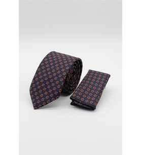 Lacivert-Turuncu Desenli 7 Cm Kravat 1090260121