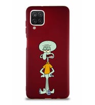 Samsung Galaxy A12 Soft Premier Kapak Squidward Dokunaç Tasarımlı Silikon Kılıf - Mürdüm (Şeffaf)