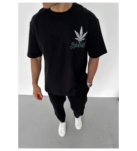 Unisex Bisiklet Yaka Baskılı Oversize T-Shirt - Siyah
