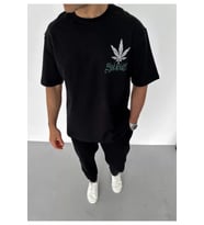 Unisex Bisiklet Yaka Baskılı Oversize T-Shirt - Siyah