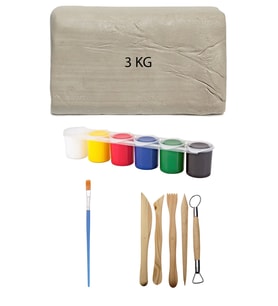 Beyaz Seramik Hamuru 3 kg Kil Ebeşuar Seti 6x15 ml Akrilik Seti Düz Fırça Seramik Kili Oyun Hamuru