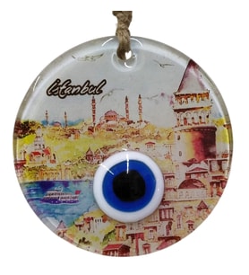 İstanbul Temalı Nazar Boncuklu Cam Duvar Süsü - Galata Kulesi Desenli Ev Dekoru (Çok Renkli)