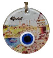 İstanbul Temalı Nazar Boncuklu Cam Duvar Süsü - Galata Kulesi Desenli Ev Dekoru (Çok Renkli)