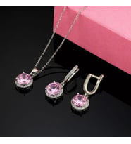 Gümüş Pazarım Pembe Zirkon Yuvarlak Kesim Gümüş Set (Beyaz)