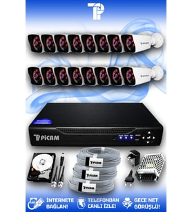 PICAM 16 Kameralı Kare 16 Dış Kamera Set 250 GB HDD Full HD Gece Görüşlü Güvenlik Kamerası Sistemi