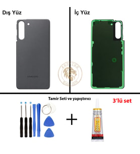 Samsung Galaxy S21 Gri Renk Arka Kapak + Tamir Seti + B7000 Yapıştırıcı Arka Cam Batarya Kapağı Pil Kapağı Lazer Kesim Back Cover Galaxy S21 Uyumlu