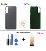 Samsung Galaxy S21 Gri Renk Arka Kapak + Tamir Seti + B7000 Yapıştırıcı Arka Cam Batarya Kapağı Pil Kapağı Lazer Kesim Back Cover Galaxy S21 Uyumlu