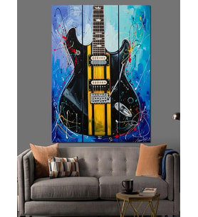 Siyah Sarı Elektro Gitar Dekoratif Kanvas - Mdf Ahşap Tablo