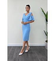 Atlas Kumaş Büzgü Detaylı Kalem Elbise - BEBE MAVİSİ