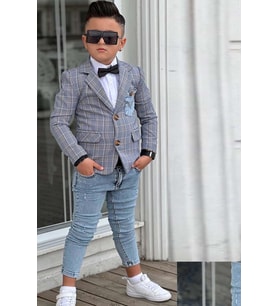 Erkek Çocuk Çizgili Blazer Ceket Kot Pantolon Mavi Alt Üst Takım (Füme)