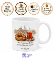 Simit ve Çay Temalı Şehir Kupası Porselen Bardak Hediye Kupa