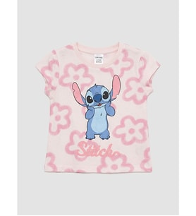 LCW baby Pembe Stitch Baskılı Kız Bebek Tişört