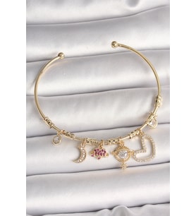 Pirinç Gold Renk Zirkon Taşlı Sallantı Gezegen Model Yıldız Detay Charm Kadın Bileklik