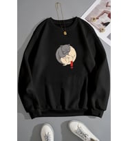 Unisex Shinobi Kedi Bisiklet Yaka Sweatshirt (Siyah)