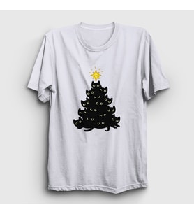 Presmono Unisex Beyaz Lights Black Cat Kedi Yılbaşı T-Shirt 364280tt