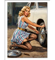 Araba Lastiği Değiştiren Pin Up Dekoratif Kanvas - Mdf Ahşap Tablo