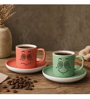 BK Gift 2'li Somon ve Yeşil Renkli Emoji Yüz Tasarımlı Seramik Türk Kahvesi Fincanı Takımı-1