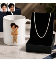 BK Gift Kişiye Özel Baba&Çocuk Karikatürlü Beyaz Kupa & Kral Zincir Kolye -2, Babalar Günü Hediyesi