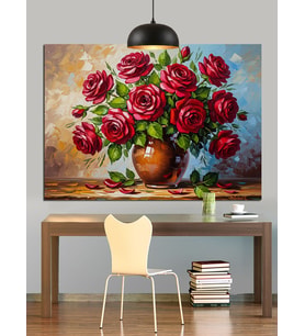 Kırmızı Güller Ve Vazo Dekoratif Kanvas - Mdf Ahşap Tablo