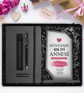 Anneler Gününe Özel Kişiye Özel Kristal Cam Plaket & Kişiye Özel Defter & Deri Kılıflı Touch Pen Kalem Hediye Seti