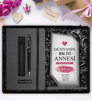 Anneler Gününe Özel Kişiye Özel Kristal Cam Plaket & Kişiye Özel Defter & Deri Kılıflı Touch Pen Kalem Hediye Seti