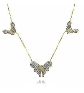 3 Lü Kelebek Zirkon Taşlı Gold Kaplama 925 Ayar Gümüş Kolye (Karışık)