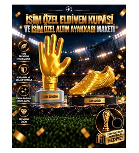 İsime Özel Altın Eldiven Kupası ve İsime Özel Altın Ayakkabı Maketi Seti Dünya Kupası Anahtarlık Hediyeli