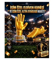 İsime Özel Altın Eldiven Kupası ve İsime Özel Altın Ayakkabı Maketi Seti Dünya Kupası Anahtarlık Hediyeli