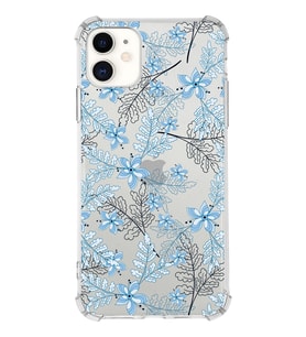 Apple iPhone 11 Uyumlu Köşe Korumalı Antişok  Kapak Floral Mavi Tasarımlı Şeffaf  Kılıf