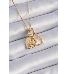 316L Çelik Gold Renk Zirkon Taşlı Sonsuzluk Kalp Figür Charm Model Kadın Kolye - HEP-6206-950