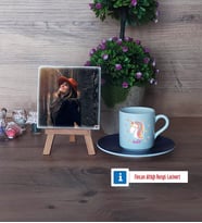 Unicorn Fotoğraflı Dekoratif Taş, Ahşap Altlıklı Türk Kahvesi Fincanı Hediye (Model 4)