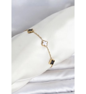 316L Çelik Gold Renk Siyah Beyaz Baby Yonca Model Kadın Bileklik