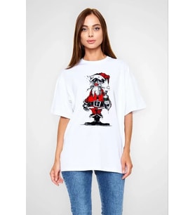 Unisex Bisiklet Yaka Baskılı Oversize T-Shirt - Beyaz