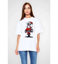 Unisex Bisiklet Yaka Baskılı Oversize T-Shirt - Beyaz