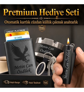 Hemen Kargo Sevgiliye Eşe Babaya Arkadaşa Hediye Seti - Kartal Logolu Mekanizmalı Otomatik Kartlık Cüzdan Clipper Çakmak Küllük ve Anahtarlık