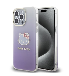 Apple iPhone 15 Pro Max Uyumlu Kılıf Hello Kitty Orjinal Lisanslı Yazı ve İkonik Logolu Elektroplating Kaplama Gradyan Kapak (Mor)