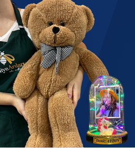 Kişiye Özel Renkli Led Işıklı Fanus ve Büyük Boy Kahverengi Peluş Ayıcık (Model 8)