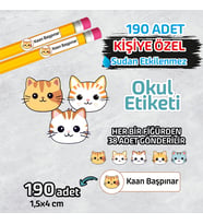 Okul Etiketi İsme Özel Kalem Defter Etiketi (Sevimli Kediler) -190 Adet