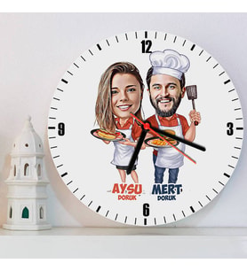 Aşçı Sevgililer Sevgiliye Hediye Kişiye Özel Karikatürlü Duvar Saati