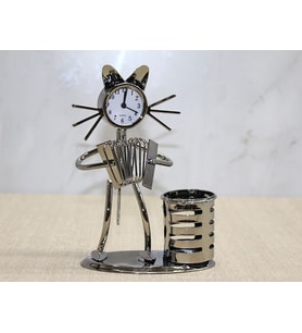 Metal Akordiyon Çalan Müzisyen Kedi Saat Ve Kalemlik