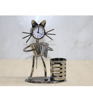 Metal Akordiyon Çalan Müzisyen Kedi Saat Ve Kalemlik