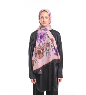 Çiçekli Desen Pavia Seri Şal Eşarp Askısı İle Birlikte 90x200 Pudra Lila-90X200