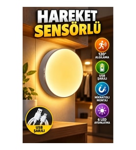 6 LED USB Şarjlı Hareket Sensörlü Lamba – 120° Algılama ve Mıknatıslı Montaj