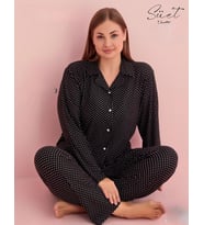 Pijamerry Kadın Büyük Beden Gömlek Yaka Süet Uzun Kol Pijama Takımı 5260- 1 Adet (Siyah)