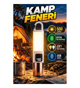 500 Lümen USB Şarjlı LED Kamp Feneri – Çift Işık Kaynaklı ve Dijital Güç Göstergeli