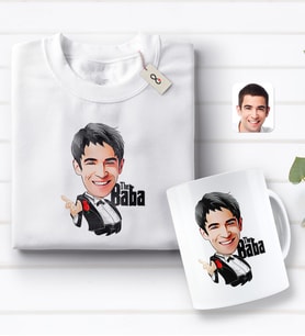 BK Gift Kişiye Özel Godfather Baba Karikatürlü Beyaz Tişört ve Kupa Seti-2 (Model 1)