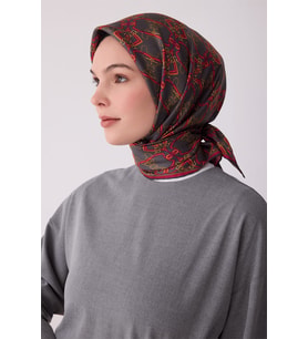 BELLİ Koyu Gri Çok Renkli Klasik Desen %100 Twill İpek Eşarp 4328-05